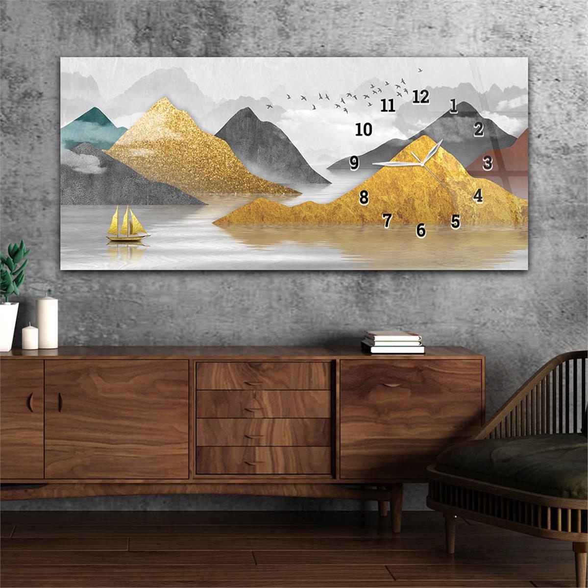 Tableau en verre à thème art et nature avec horloge latérale horizontale 169