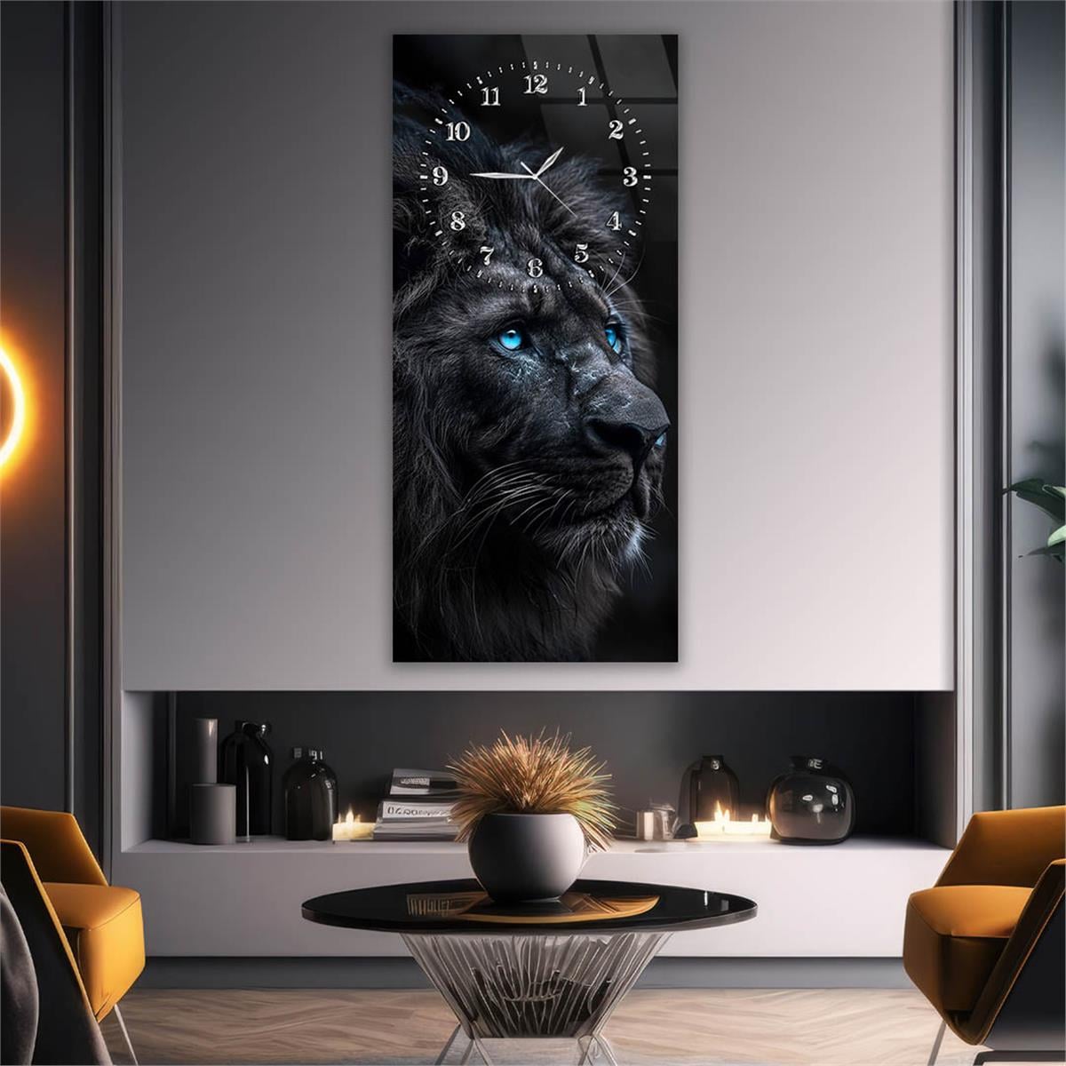 Dikey Üstten Saatli Sanat Temalı Cam Tablo 087