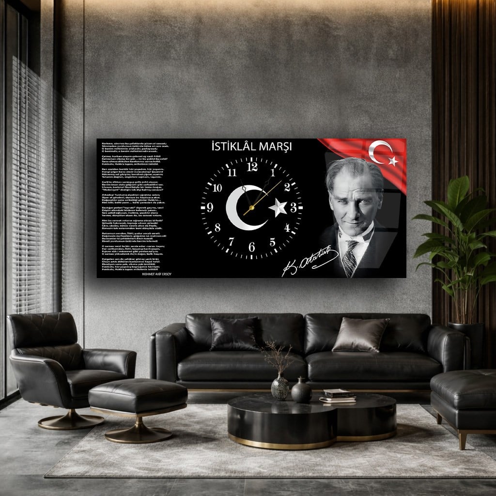 İstiklal Marşı ve Atatürk Saatli Cam Tablo
