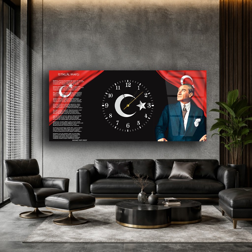 Atatürk İstiklal Marşı Saatli Cam Tablo