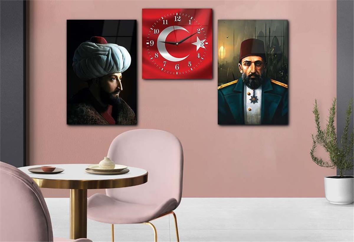 FATİH SULTAN MEHMET HAN ABDULHAMİD HAN VE TÜRK BAYRAĞI GÖRSELLİ CAM TABLO CAM SAAT SETİ 