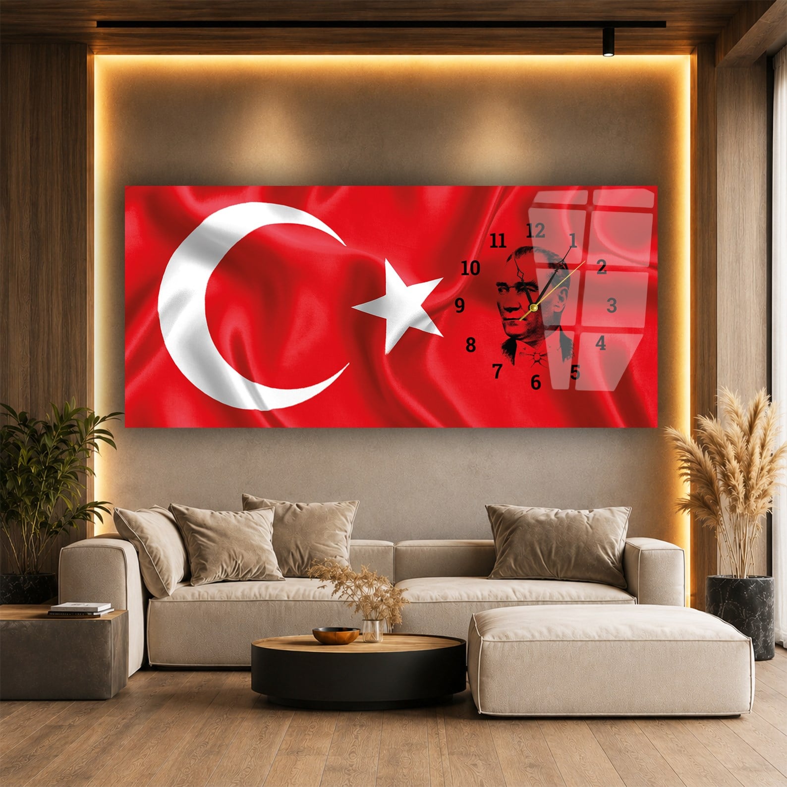 Türk Bayrağı ve Atatürk Saatli Cam Tablo Yatay Saatli Yandan Vatan Temalı Cam Tablo 004