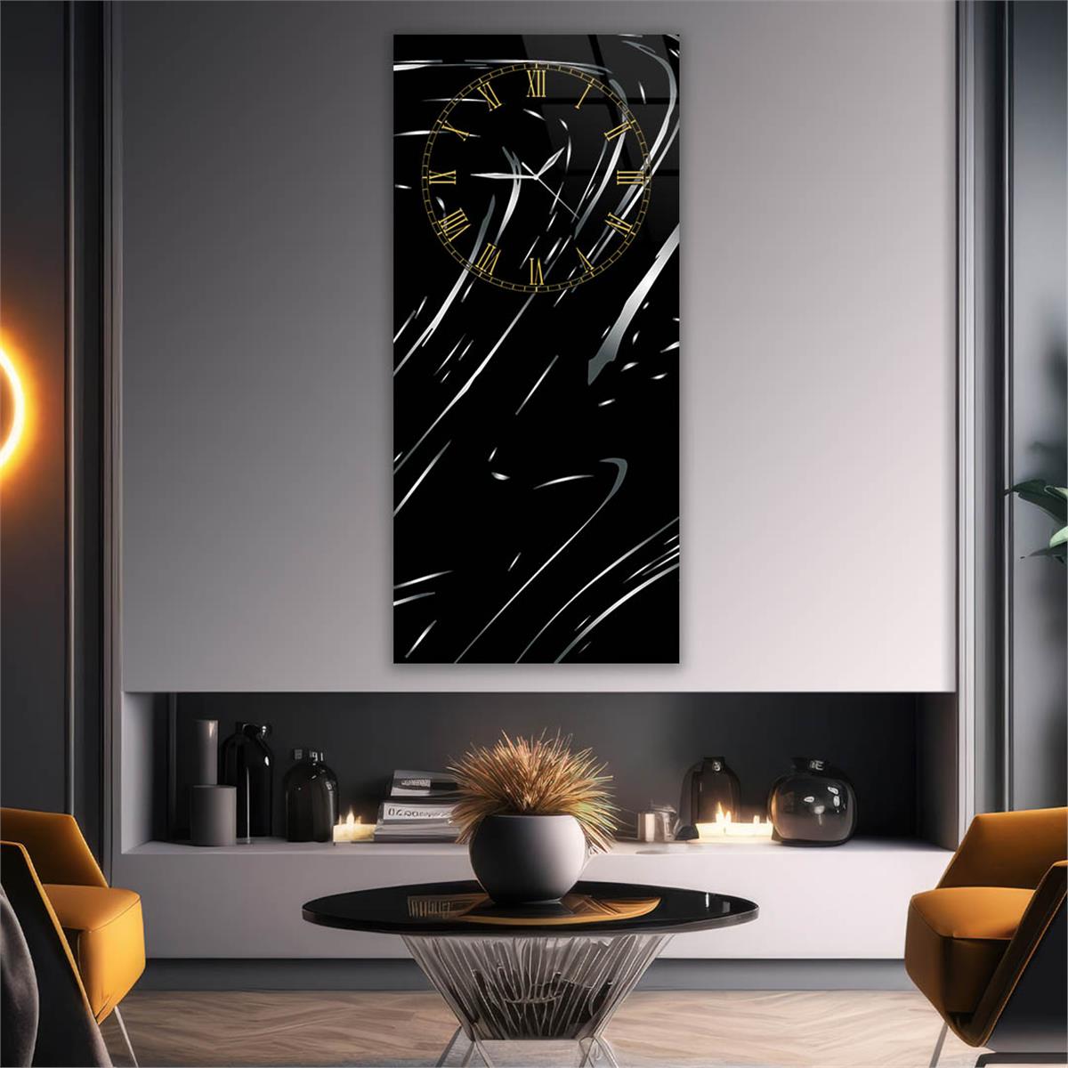 Vertical Art Themed Glass Wall Art with Clock at the Top 070