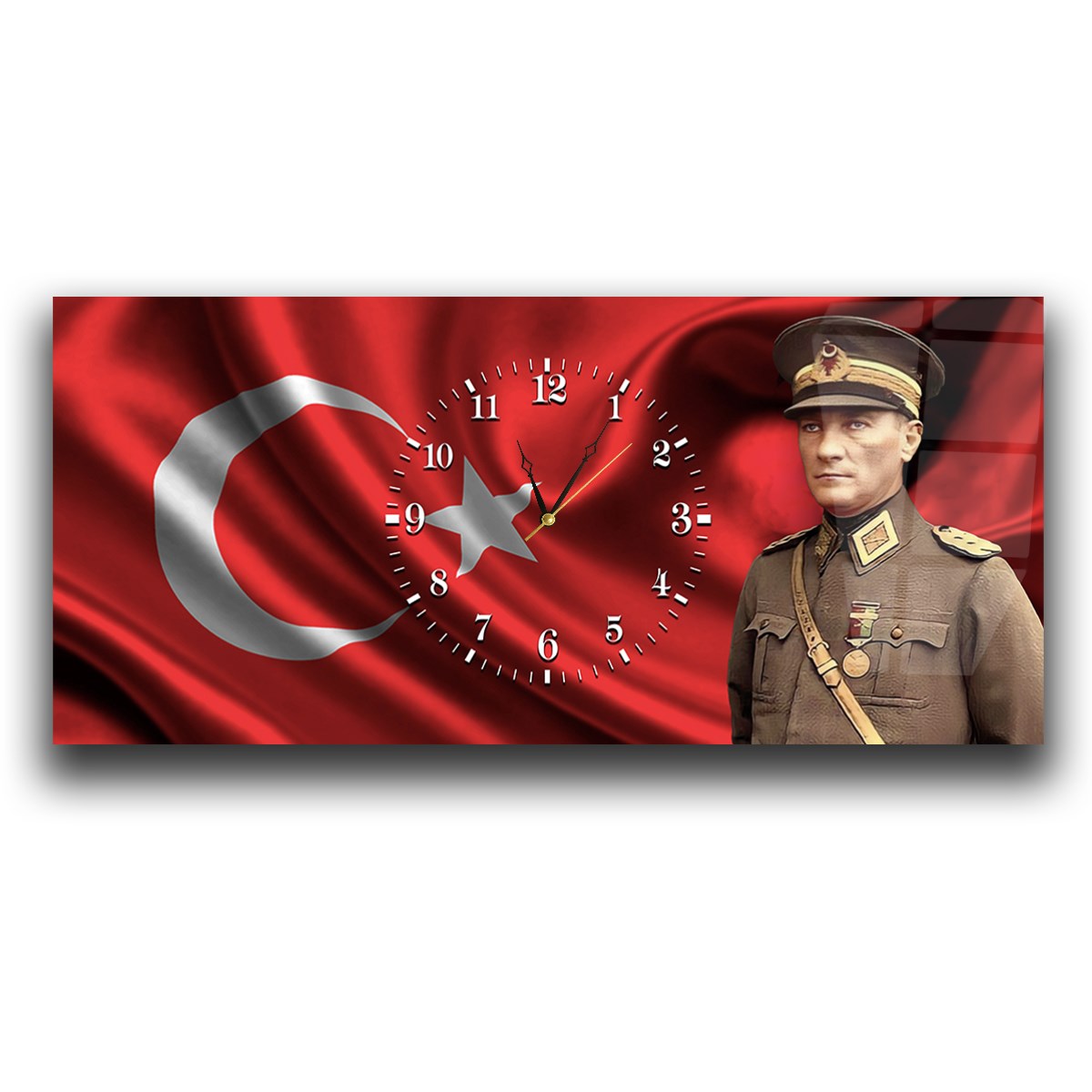 Türk Bayraklı Atatürk Saatli Cam Tablo