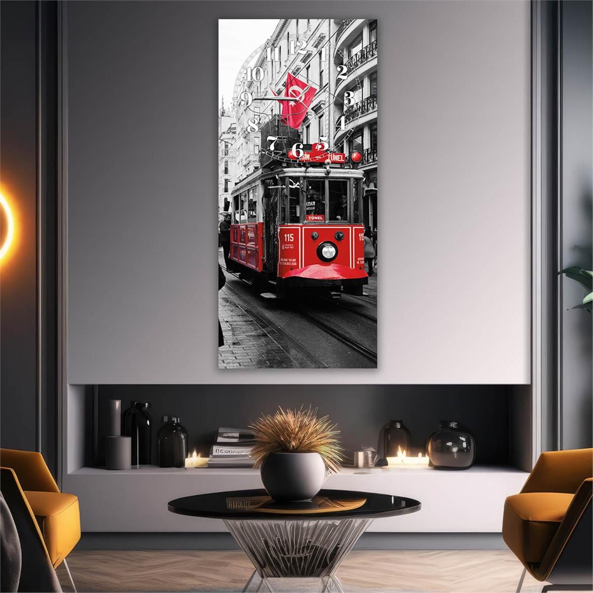 Dikey Üstten Saatli Sanat Temalı Cam Tablo 001