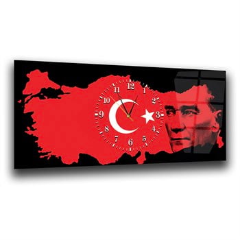 Türkiye Haritası Üzerinde Türk Bayrağı ve Atatürk Saatli Cam Tablo 060