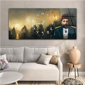 Yatay Saatli Ortadan Vatan Temalı Cam Tablo 163