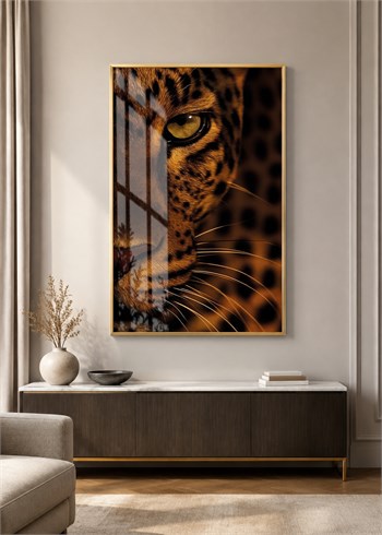Leopar Portresi Alüminyum Çerçeveli Dekoratif Cam Duvar Tablosu