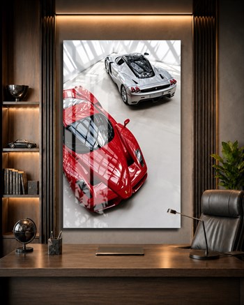 Kırmızı ve Beyaz Ferrari Enzo Cam Tablo