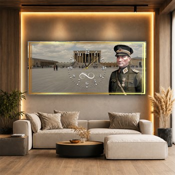 Askeri kıyafetli Atatürk ve Anıtkabir Yatay Ortadan Saatli  Vatan Temalı Cam Tablo 043