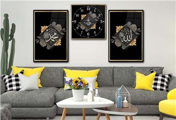 ALLAH C.C. MUHAMMED S.A.V İSMİ VE OSMALI TUĞRA GÖRSELLİ CAM TABLO CAM DUVAR SAATİ 
