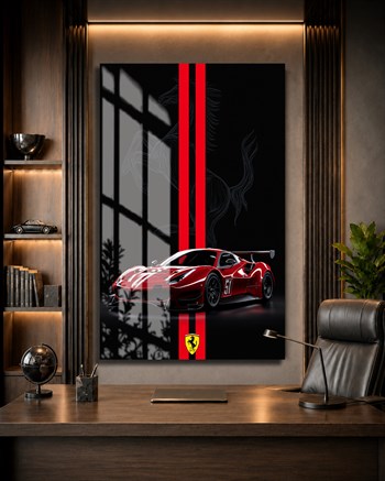 Kırmızı Ferrari Yarış Arabası Cam Tablo