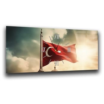 Bulutlar Arasında Dalgalanan Türk Bayrağı Saatli  Cam Tablo 080