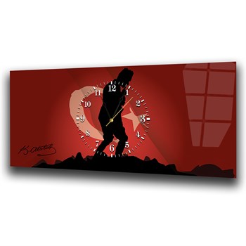 Türk Bayrağı Zemininde Atatürk, İmzası ve 1938-1881 Yazılı Yatay Ortadan Saatli  Vatan Temalı Cam Tablo 049