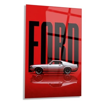 Kırmızı Zemin Klasik Ford Mustang Cam Tablo