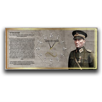 Askeri Kıyafetli Mustafa Kemal Atatürk ve Gençliğe Hitabesi Saatli  Cam Tablo 042