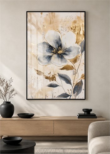 Gold Detaylı Mavi Çiçek Alüminyum Çerçeveli Modern Cam Duvar Tablosu