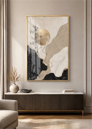 Gold Güneş ve Minimal Doğa Alüminyum Çerçeveli Modern Cam Duvar Tablosu
