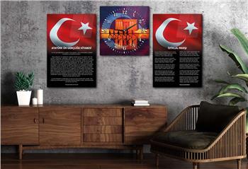 Atatürk and Independence March Glass Wall Art Set with Clock