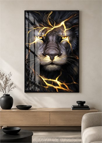 Siyah Gold Aslan Portresi Alüminyum Çerçeveli Lüks Cam Duvar Tablosu