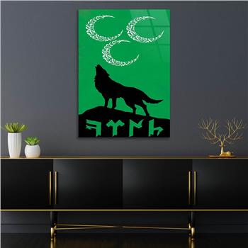 Three Crescent, Wolf, and TÜRK Inscription Glass Wall Art