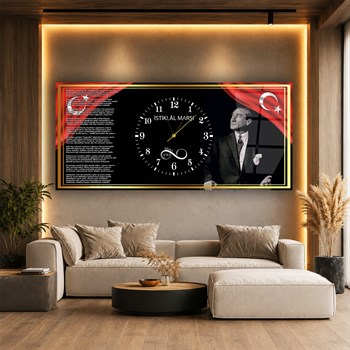 1881 Sonsuzluk ve İstiklal Marşı Saatli Cam Tablo