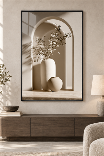Modern Kemerli Minimalist İkili Vazo - Gerçek Cama Baskı Siyah Alüminyum Metal Çerçeveli Tekli Cam Tablo