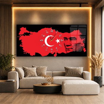 Türkiye Haritası Üzerinde Türk Bayrağı ve Atatürk Saatli Cam Tablo 060