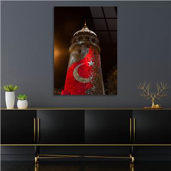 Glass Wall Art with Galata Tower and Turkish Flag