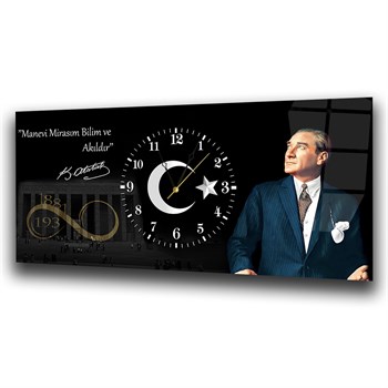 Yatay Ortadan Saatli  Vatan Temalı Cam Tablo 022