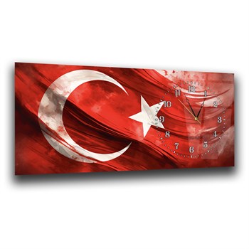 Dalgalanan Türk Bayrağı Saatli Cam Tablo