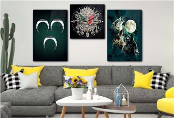 Ottoman State Coat of Arms and Three Crescent and Gray Wolf Tempered Glass Wall Art Set with Clock