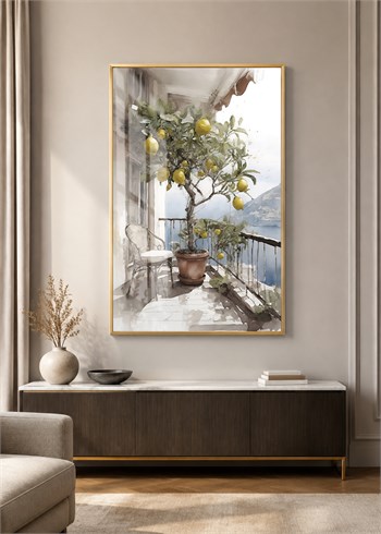 Sahil Manzaralı Limon Ağacı Alüminyum Çerçeveli Modern Cam Duvar Tablosu