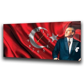 Ayyıldız Türk Bayrağı ve Atatürk Yatay Ortadan Saatli  Cam Tablo 084