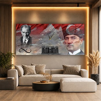Atatürk Türk Bayrağı ve Sonsuz 1881-1938 Anıtkabir Saatli  Cam Tablo 067