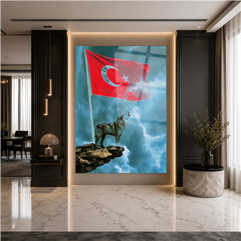 TÜRK BAYRAĞI VE KURT GÖRSELLİ CAM TABLO 