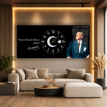 Manevi Mirasım Bilim ve Akıldır Atatürk Saatli Cam Tablo