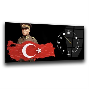 Yatay Saatli Yandan Vatan Temalı Cam Tablo 031