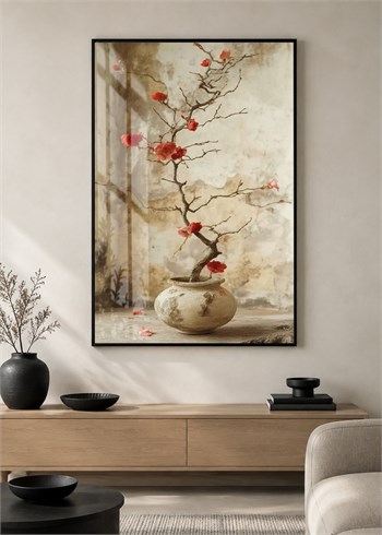 Kırmızı Çiçekli Bonsai Dalı Alüminyum Çerçeveli Dekoratif Cam Duvar Tablosu