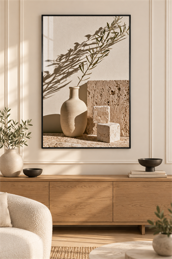 Modern Minimalist Vazo ve Doğal Taş - Gerçek Cama Baskı Alüminyum Metal Çerçeveli Tekli Cam Tablo
