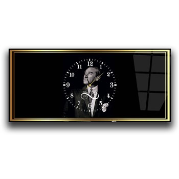 Siyah Gold Atatürk Saatli Cam Tablo