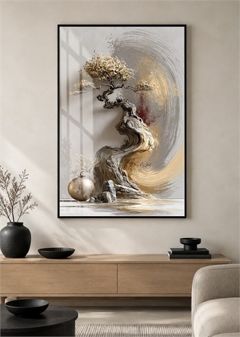 Zen Esintili Gold Bonsai Alüminyum Çerçeveli Modern Cam Duvar Tablosu