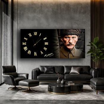 Kalpaklı Atatürk Portresi Gold Roma Rakamlı Saatli Cam Tablo