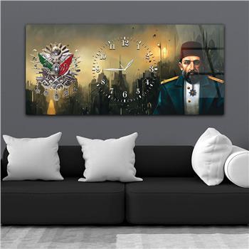 Abdülhamid Han ve Osmanlı Tuğralı İstanbul Zeminli Saatli Cam Tablo 074