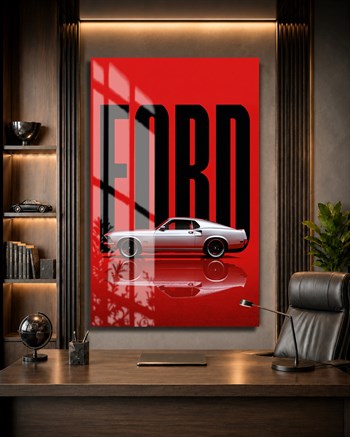 Kırmızı Zemin Klasik Ford Mustang Cam Tablo