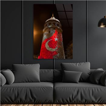 Glass Wall Art with Galata Tower and Turkish Flag