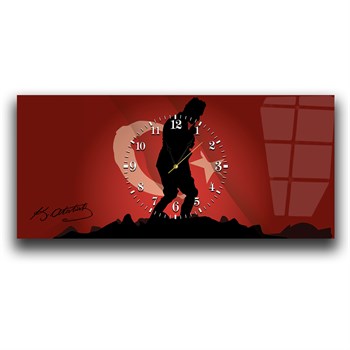 Türk Bayrağı Zemininde Atatürk, İmzası ve 1938-1881 Yazılı Yatay Ortadan Saatli  Vatan Temalı Cam Tablo 049
