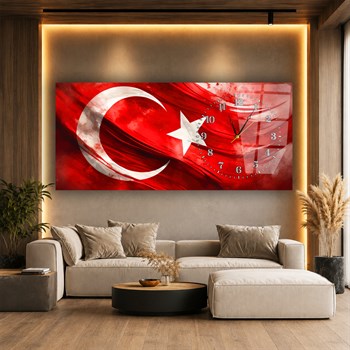 Dalgalanan Türk Bayrağı Saatli Cam Tablo