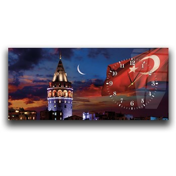 Türk Bayraklı Galata Kulesi Saatli Cam Tablo