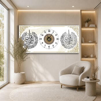Yatay Saatli Ortadan Dini Temalı Cam Tablo 116